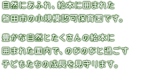 自然にあふれ、絵本に囲まれた磐田市の認可保育園です。豊かな自然とたくさんの絵本に囲まれた園内で、のびのびと過ごす子どもたちの成長を見守ります。